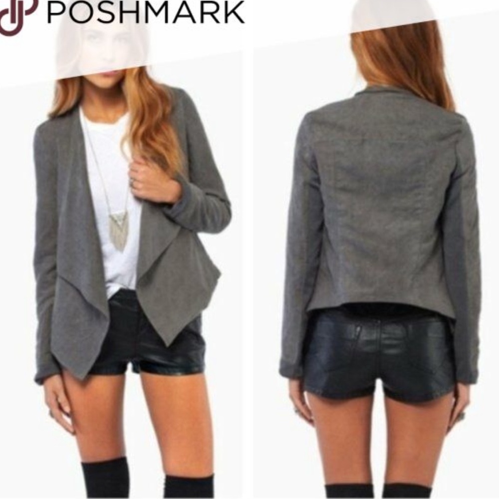 TOBI Gray Faux Suede waterfall jacket with zipper pockets